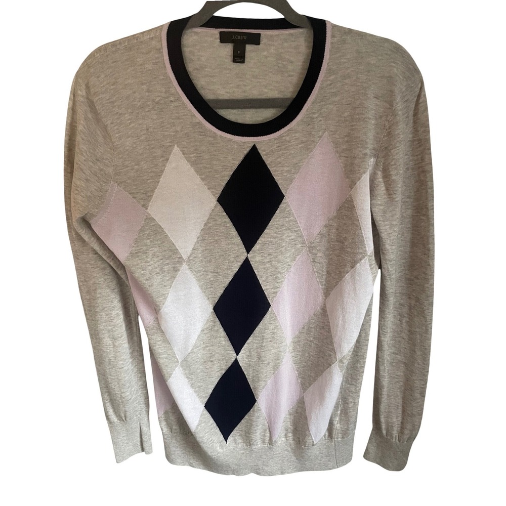 J.Crew Womens Argyle Cotton Pullover Sweater Grey Lavender Navy Blue Small